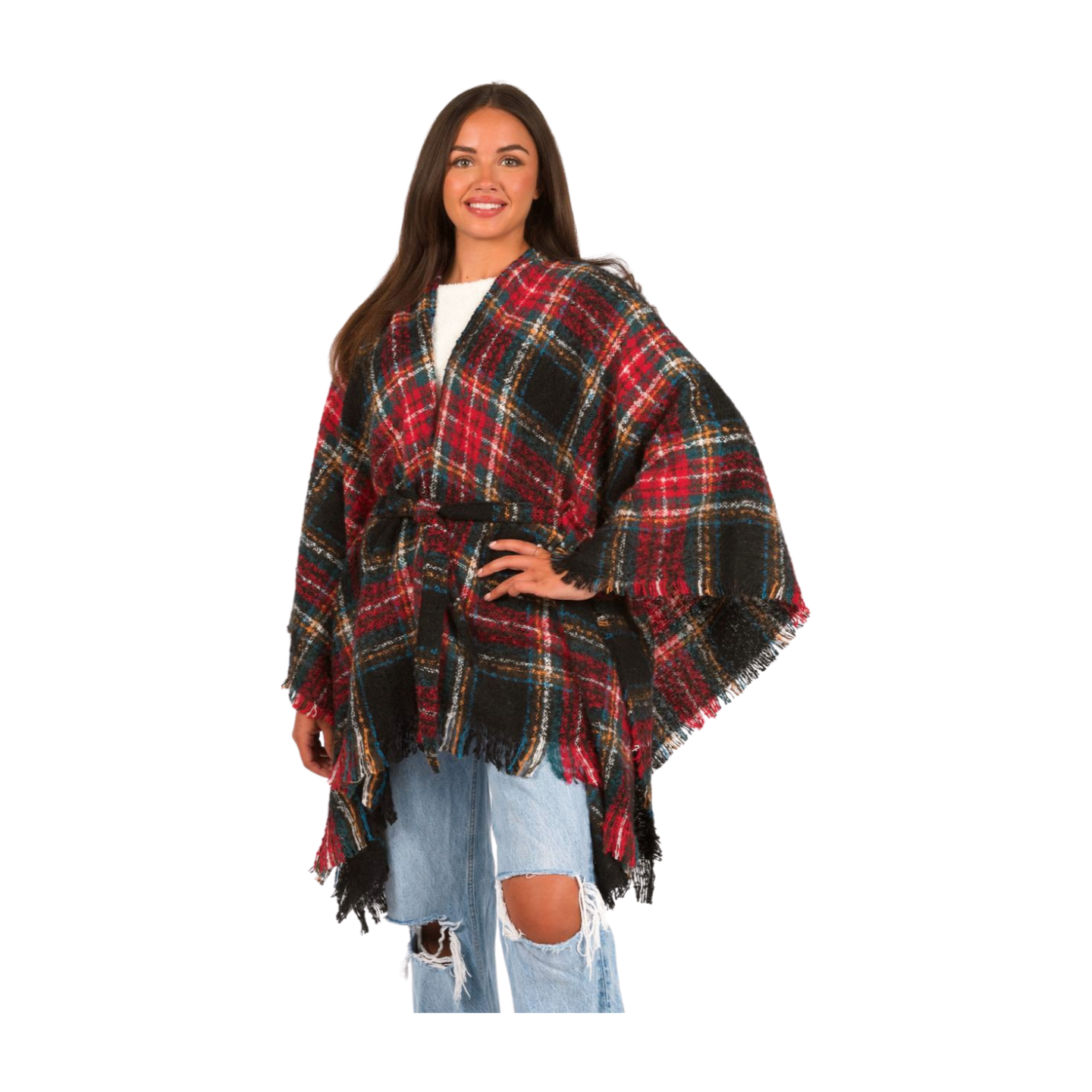 Plaid Buckle Belted Wrap: Green
