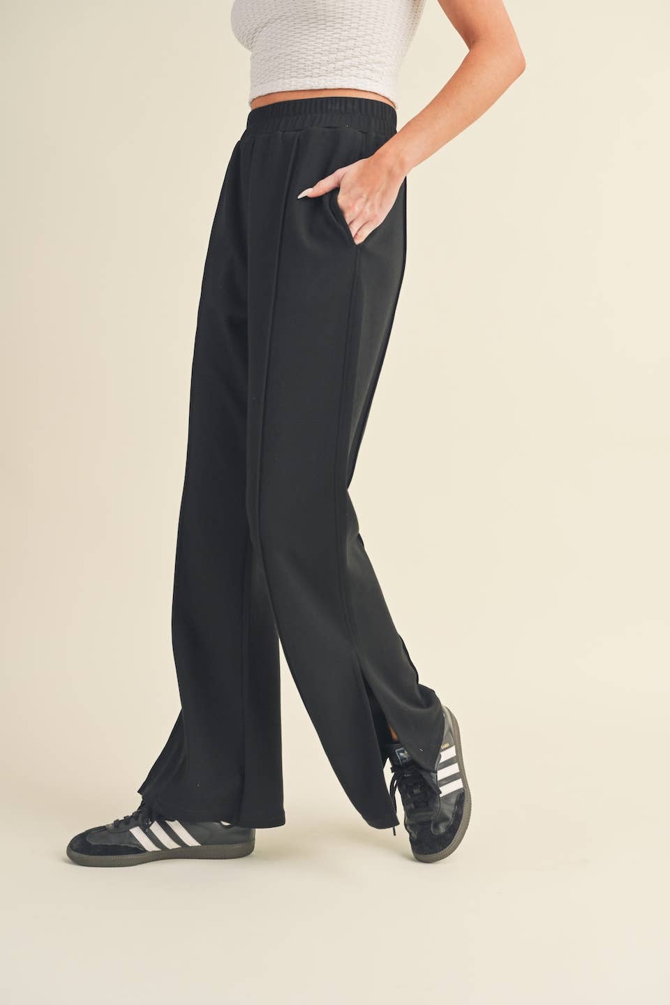 Wide Leg Scuba Pants with Side Slit