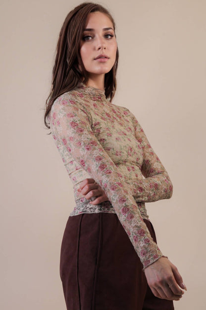 High Neck Fitted Sheer Mesh Lace Knit Top