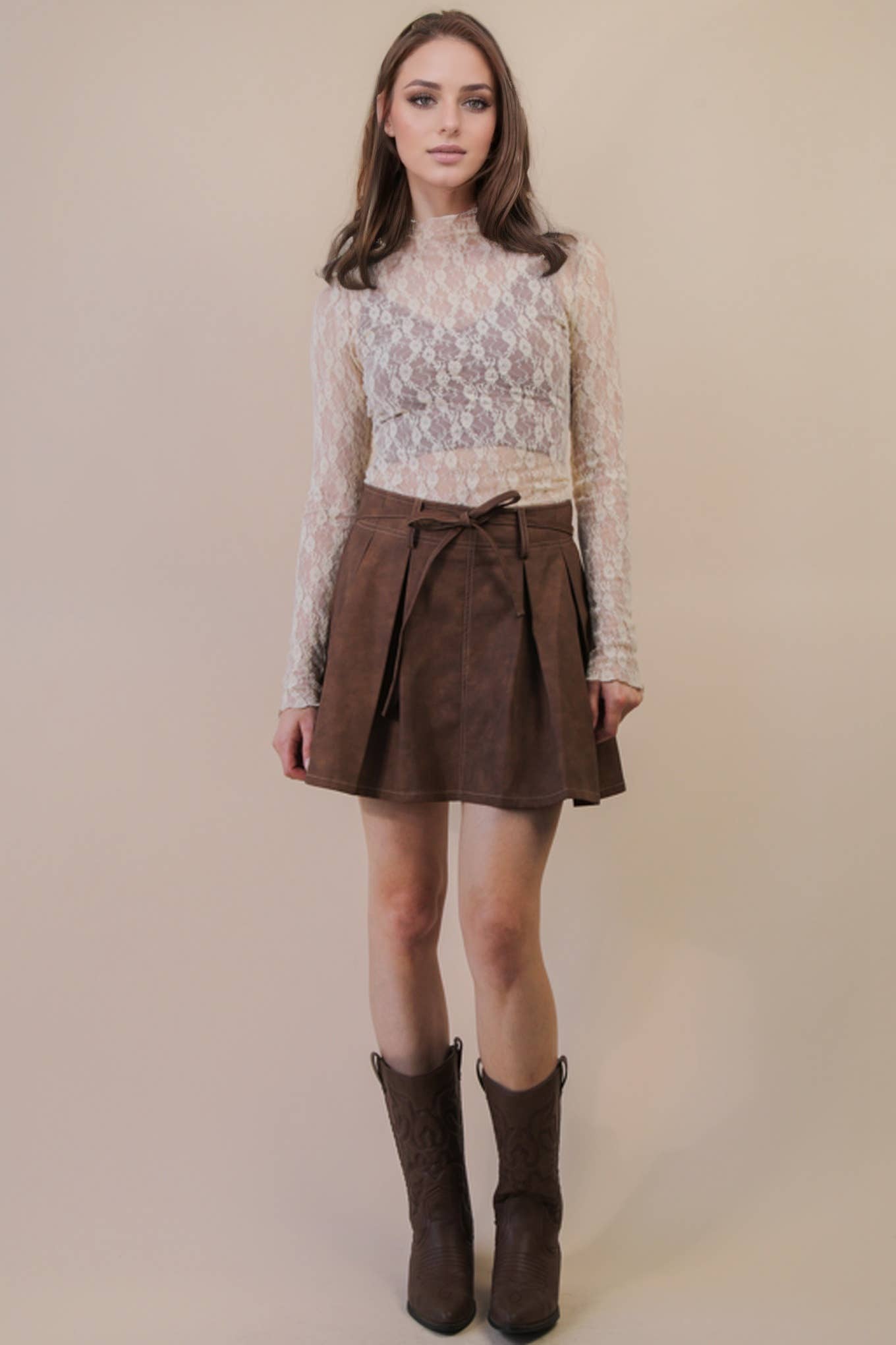 High Neck Fitted Sheer Mesh Lace Knit Top
