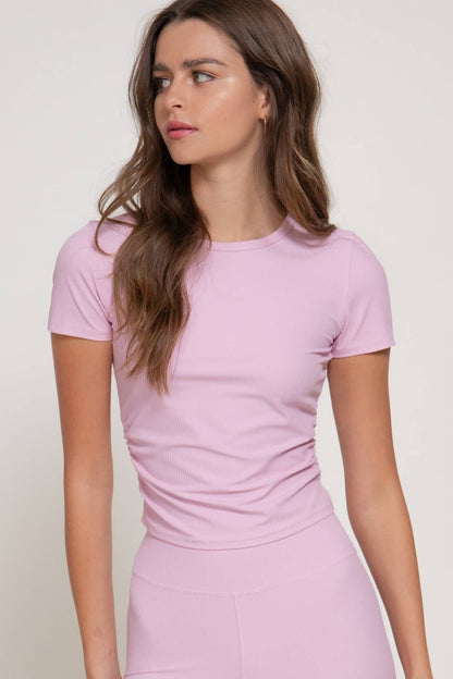 Short Sleeve Round Neck Shirring Workout Ribbed Top