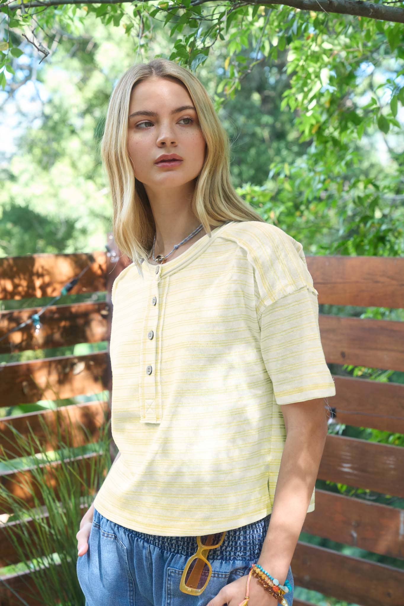 Boxy Short Sleeve Striped Henley Top