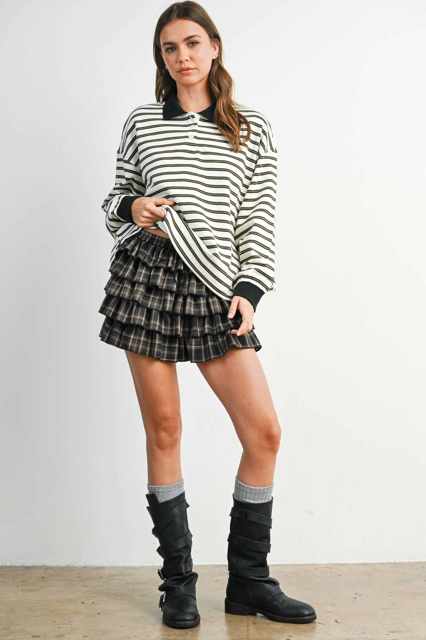Quarter-Button Striped Collared Long Sleeve Top