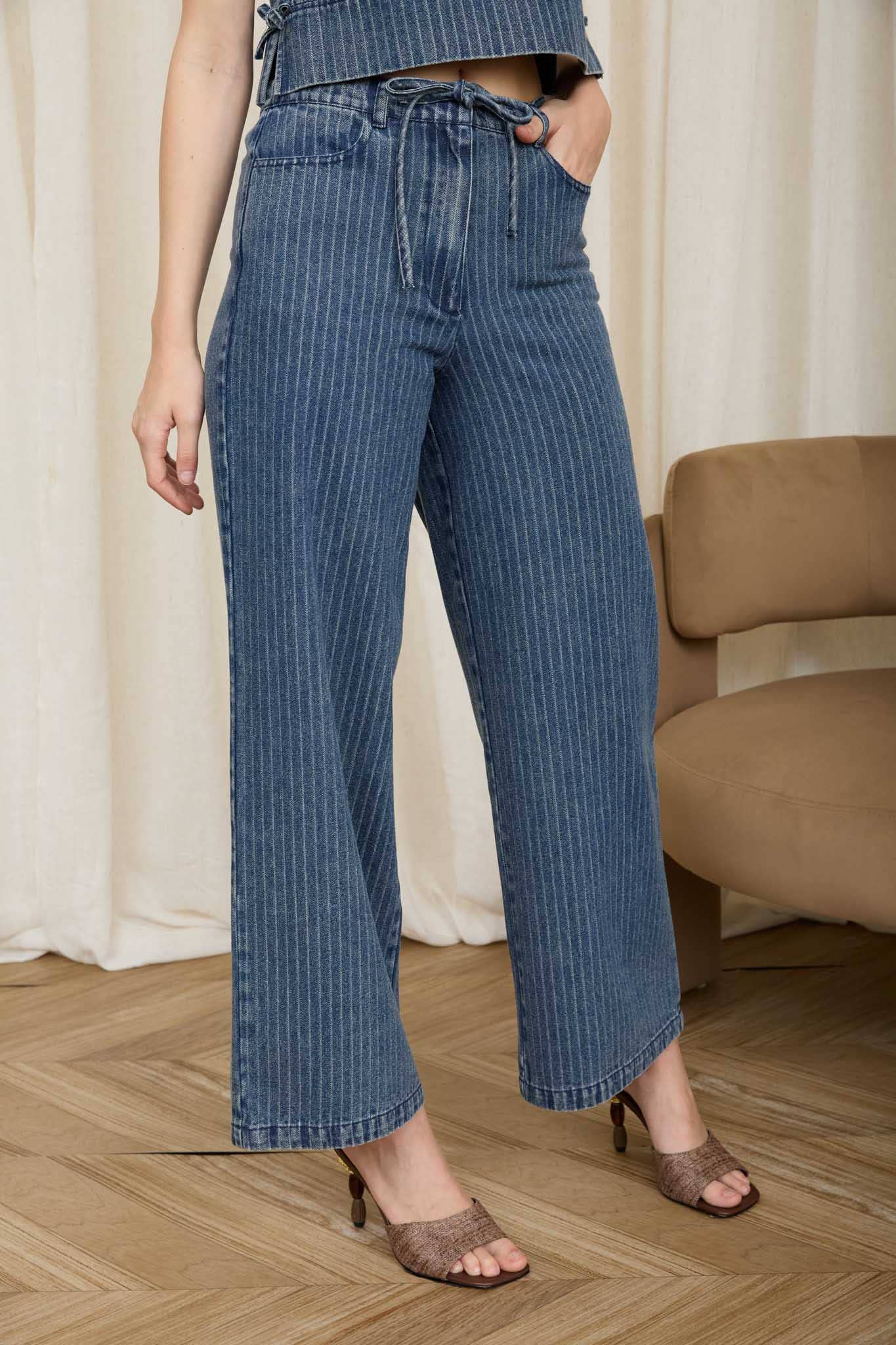 STRIPE WASHED DENIM WAIST TIE STRAP JEANS