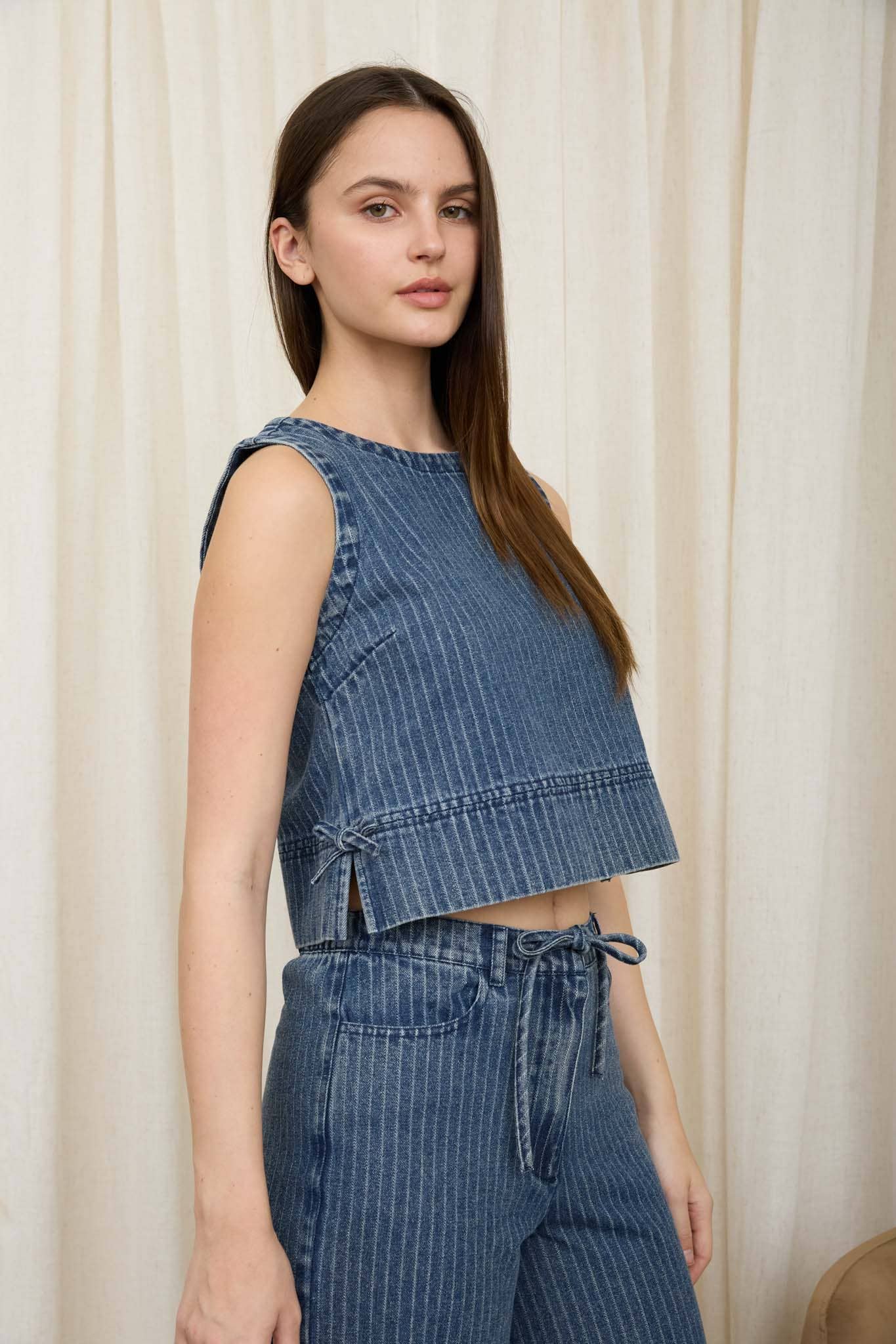 Stripe Washed Denim Sleeveless Side Tie Crop Top