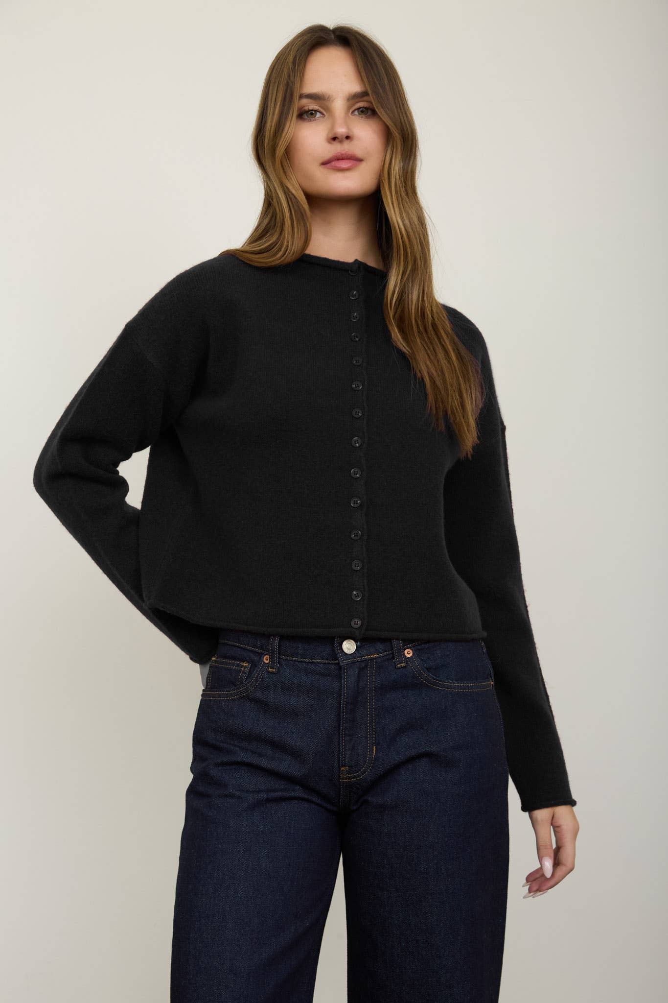 Raw Edge Mock Neck Button Down Cardigan