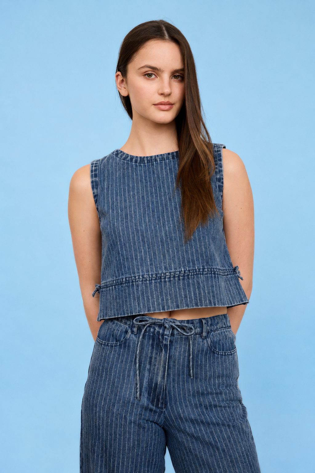 Stripe Washed Denim Sleeveless Side Tie Crop Top