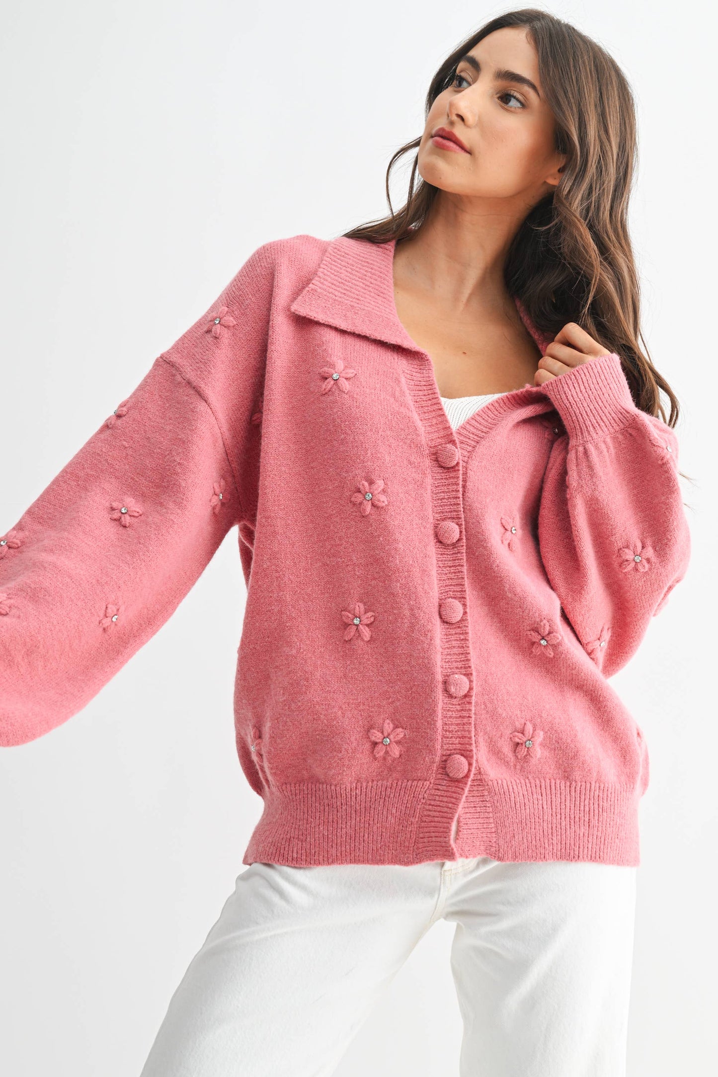 Cozy Pastel Cardigan With Floral Embellishments