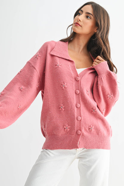 Cozy Pastel Cardigan With Floral Embellishments