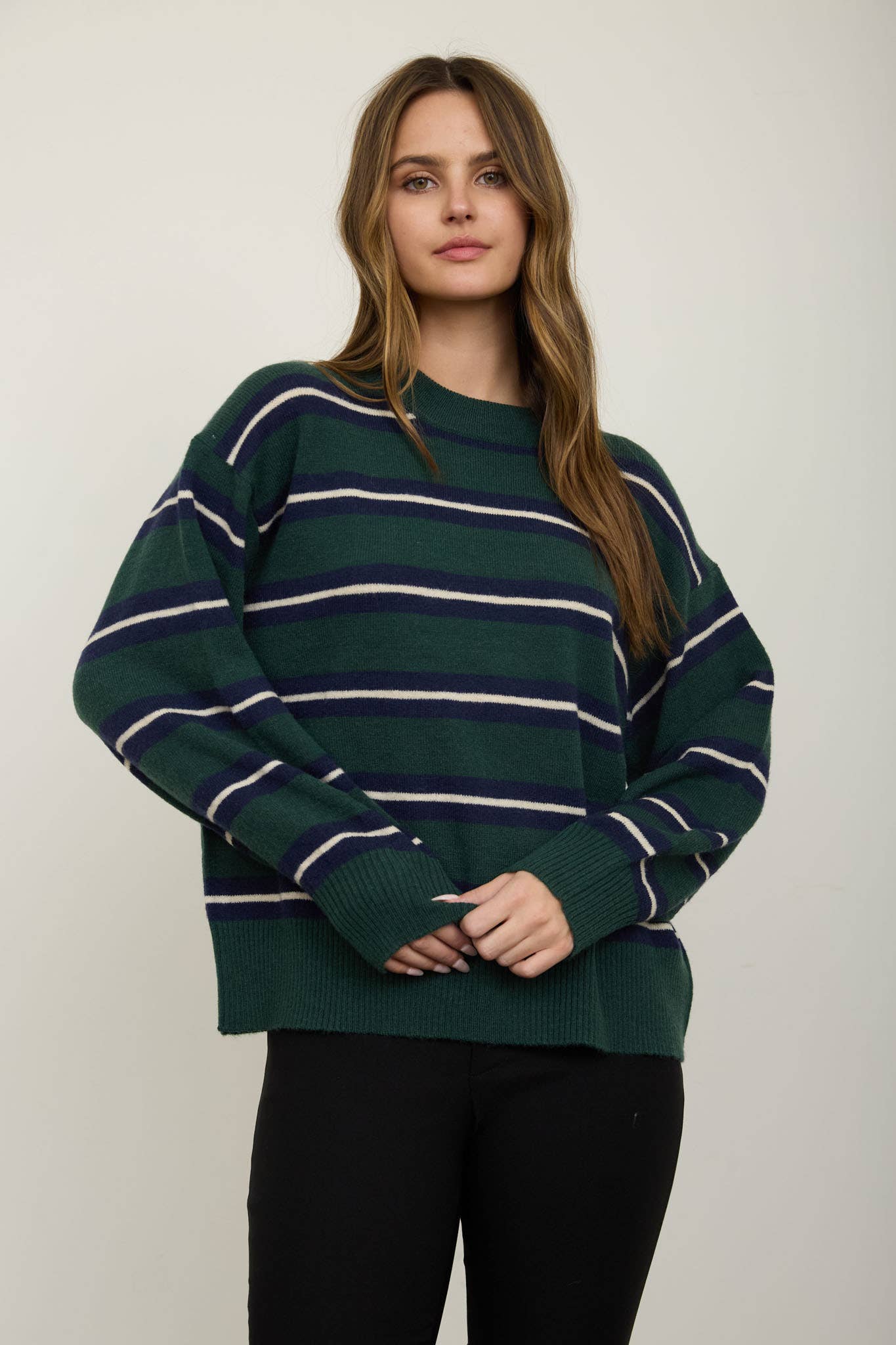 Multi-Color Stripe Crew Neck Relaxed Pullover
