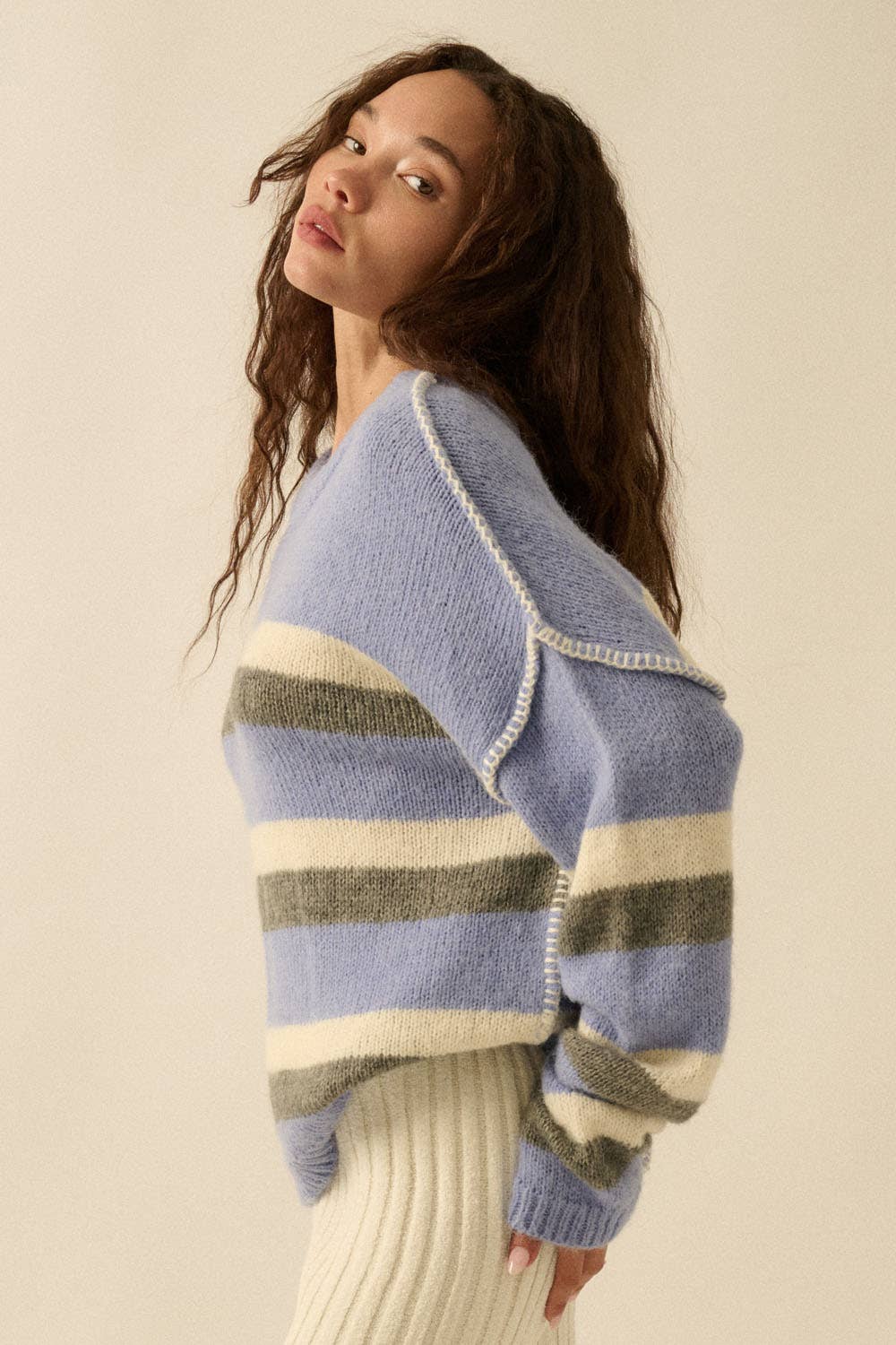 Striped Colorblock Expose-Seam Long Sleeve Sweater
