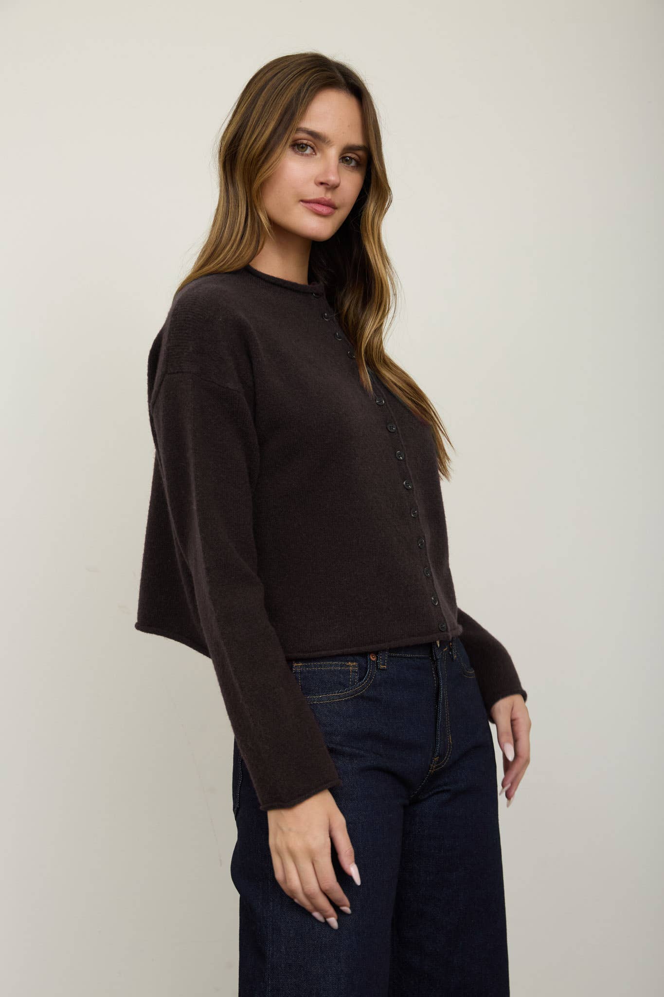 Raw Edge Mock Neck Button Down Cardigan
