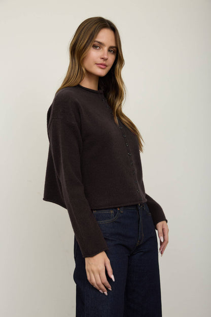 Raw Edge Mock Neck Button Down Cardigan