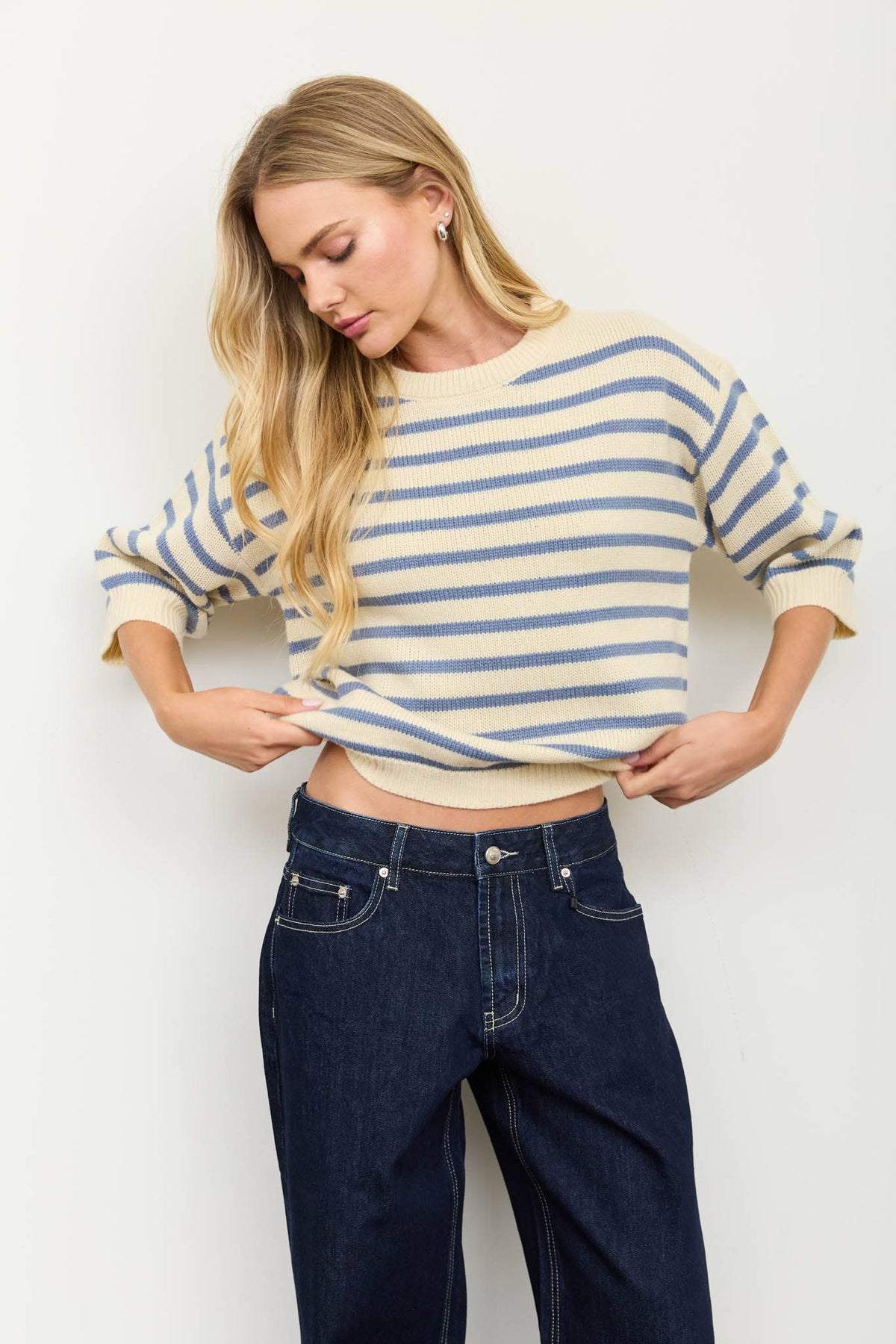 Stripe Crewneck Short Sleeve Sweater