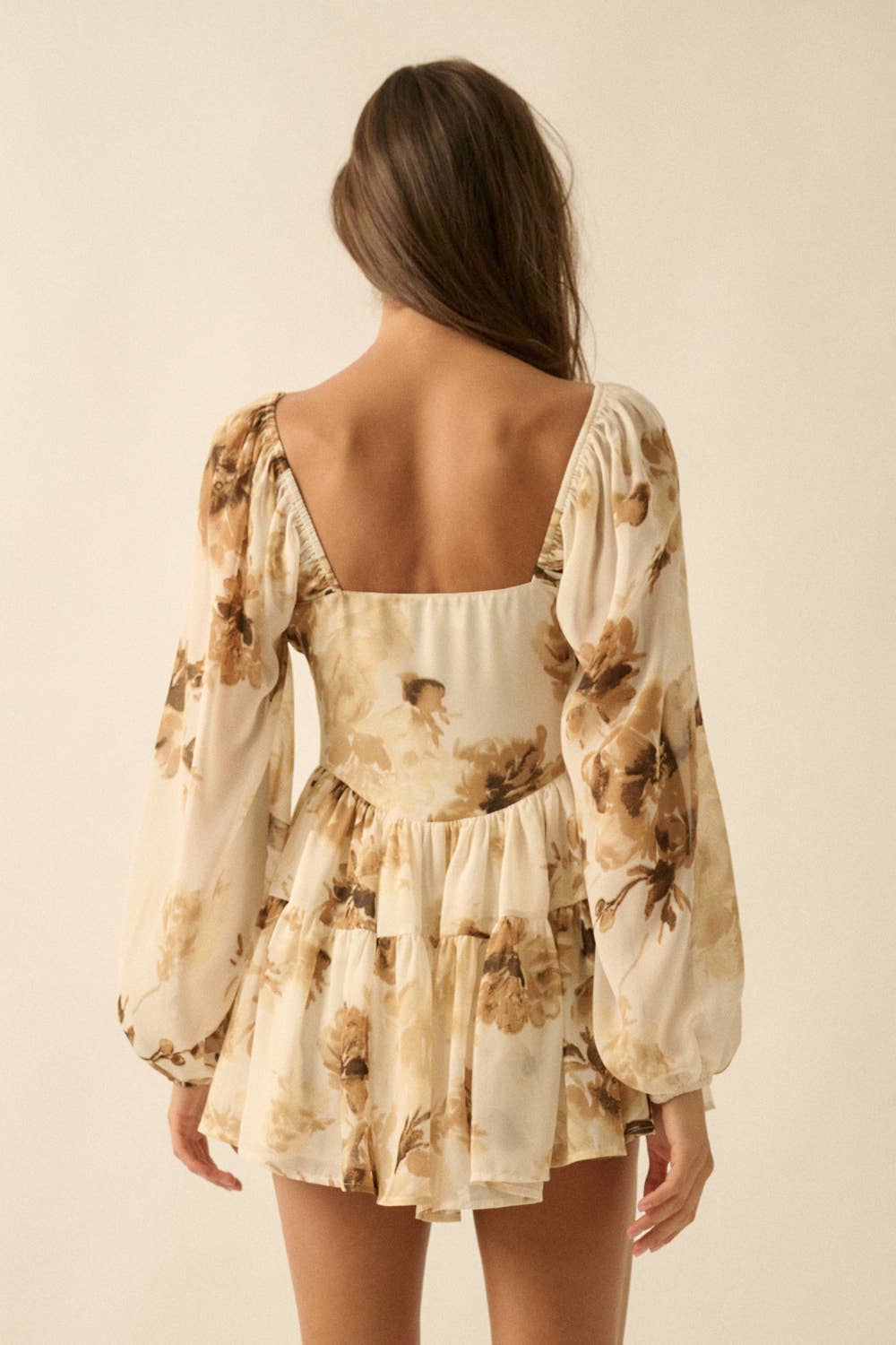 Floral Chiffon Bubble-Sleeve Tiered Ruffle Romper