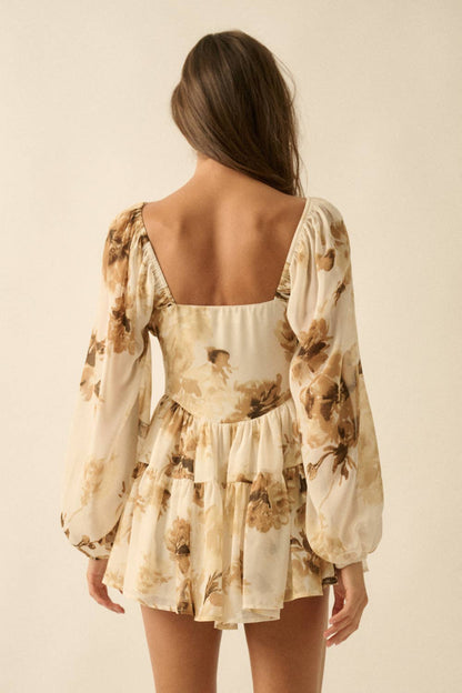 Floral Chiffon Bubble-Sleeve Tiered Ruffle Romper