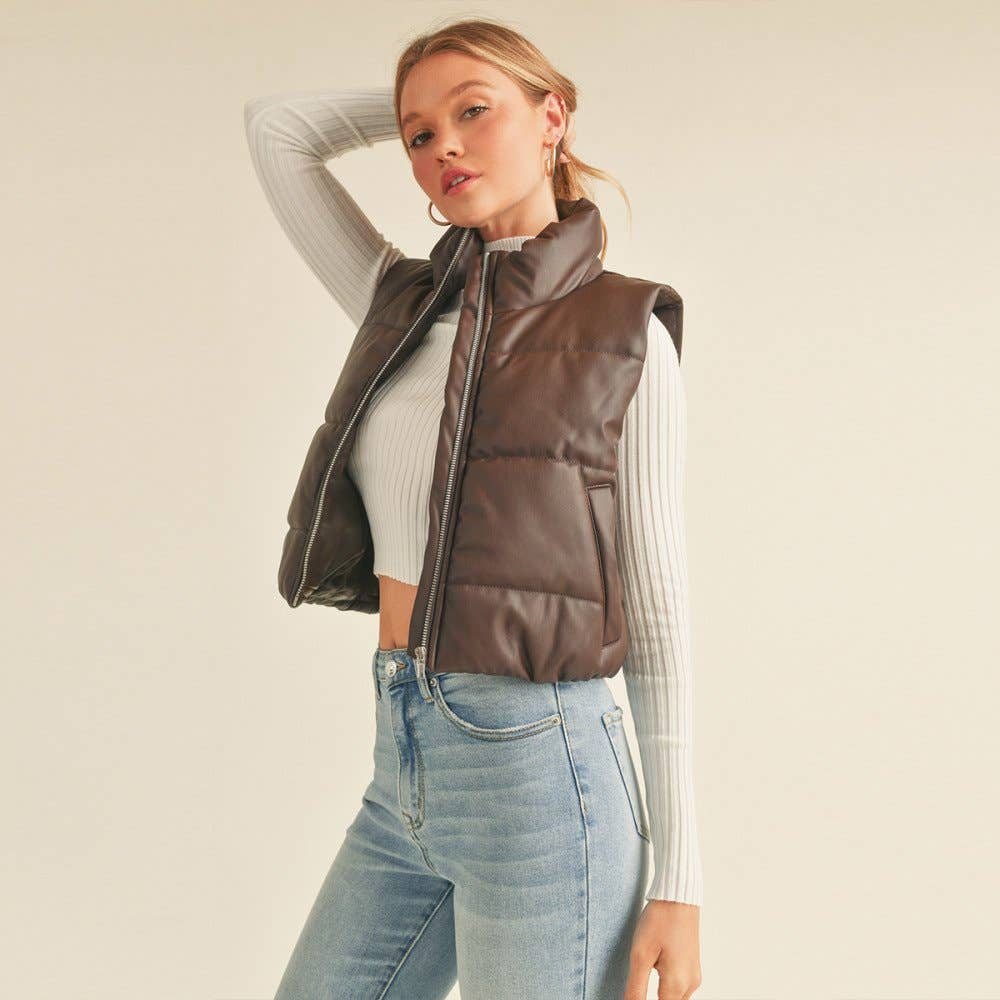 FAUX LEATHER HIGH NECK ZIP-UP PUFFER VEST