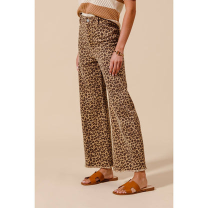 Mid Rise Leopard Twill Denim Wide Leg Pants