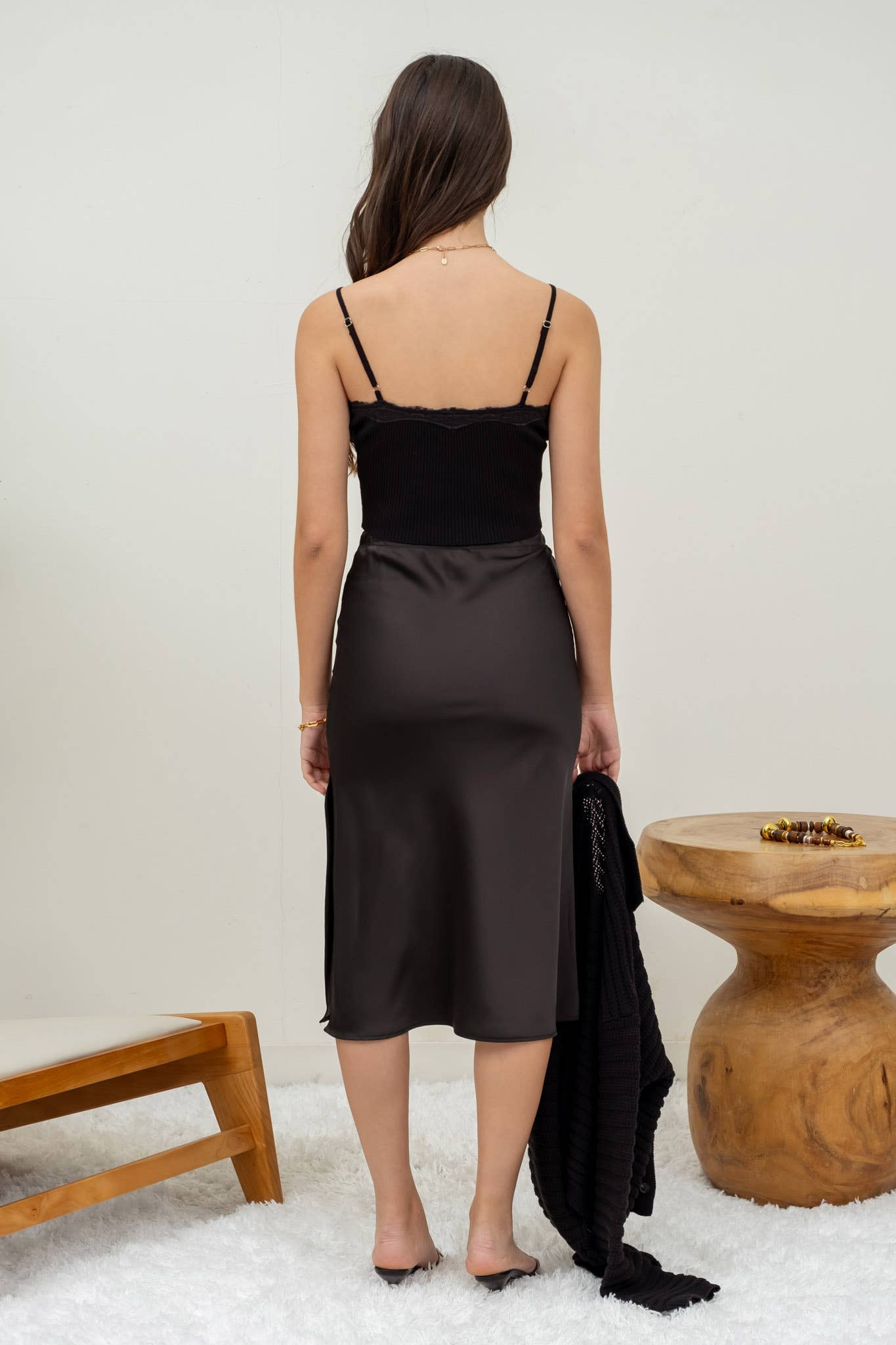 Satin Side Slit Midi Skirt
