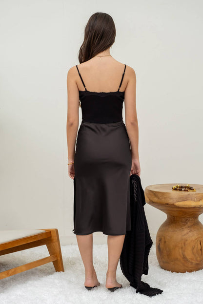 Satin Side Slit Midi Skirt