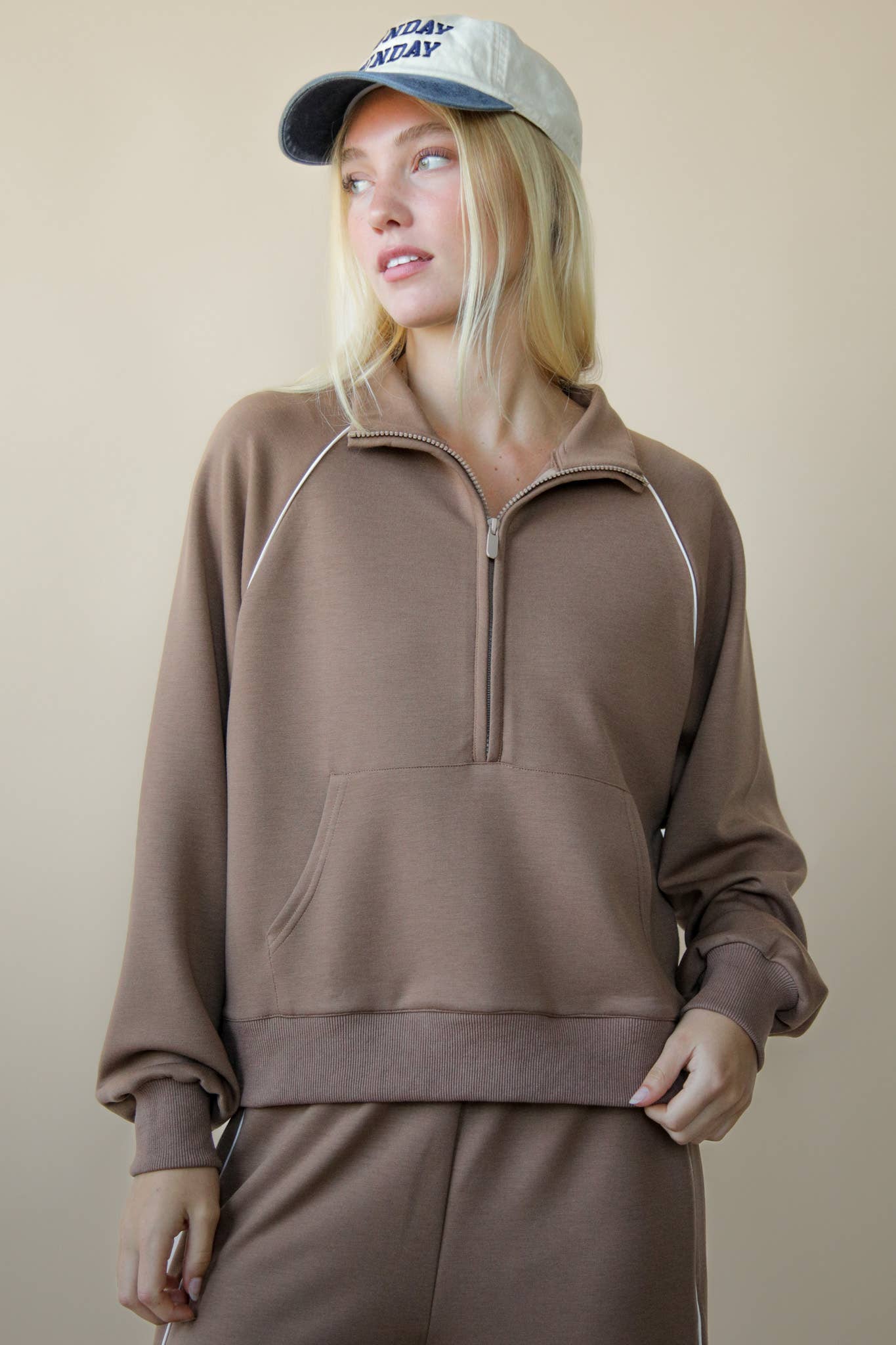 Half Zip Up Piping Detail Knit Casual Top
