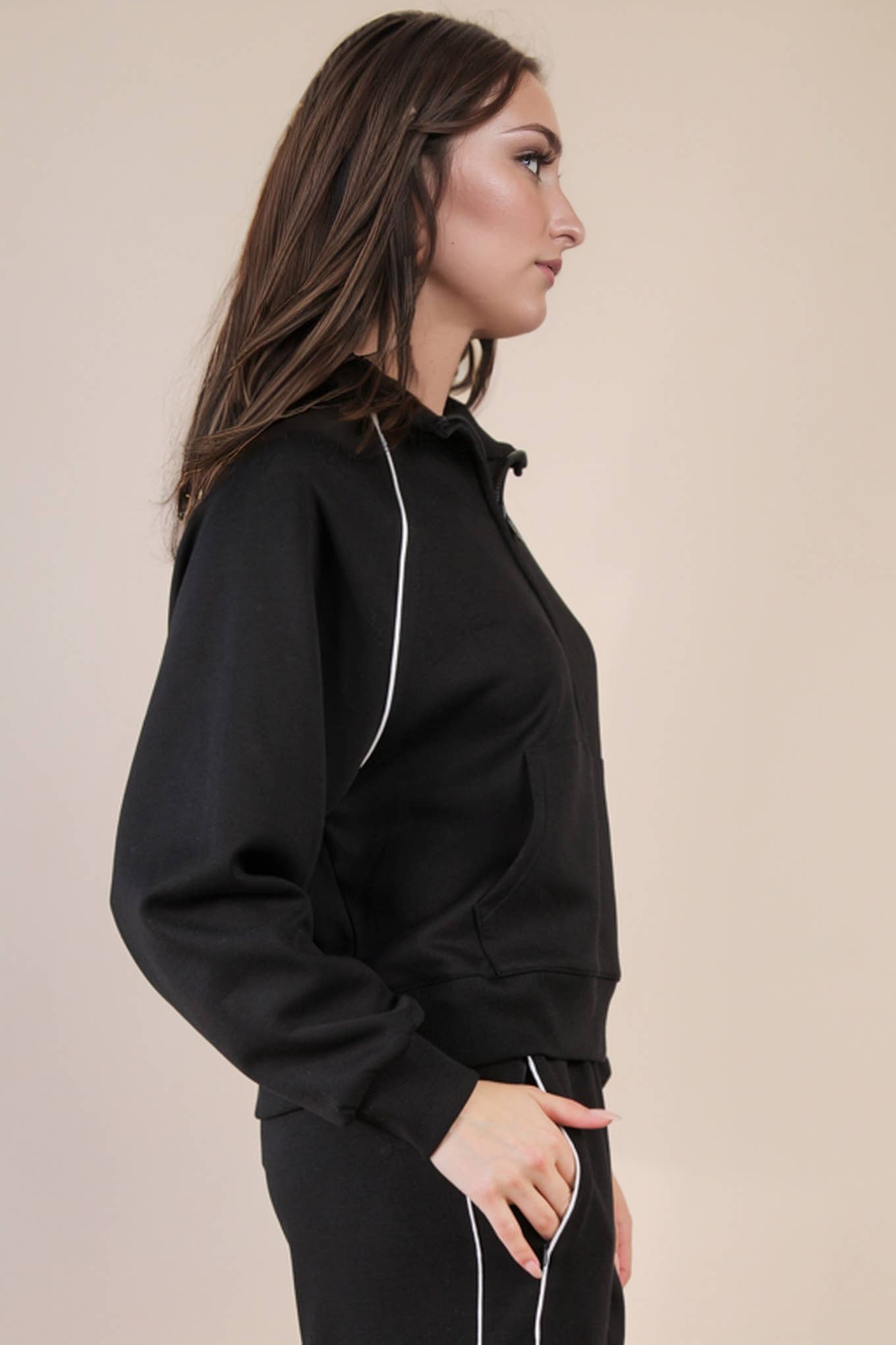 Half Zip Up Piping Detail Knit Casual Top