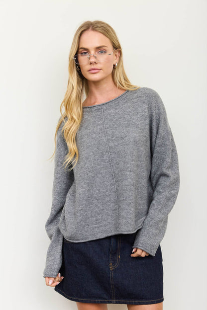 Center Seam Rolled Neck Knit Sweater
