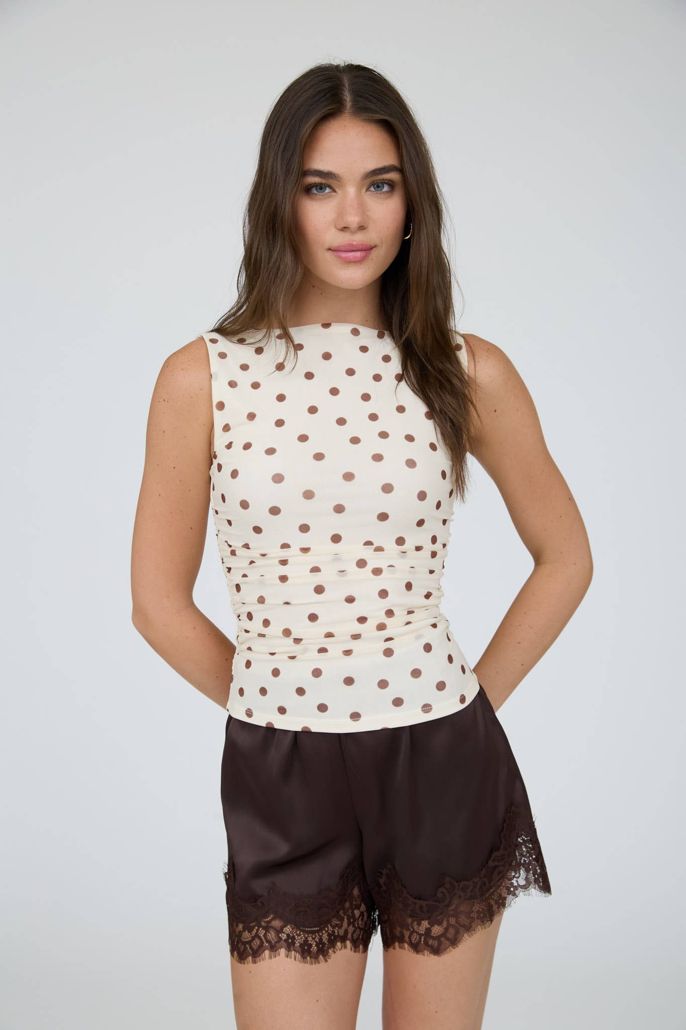 Polka Dot Boat Neck Sleeveless Mesh Knit Top