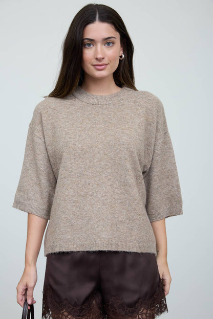 Heathered Crew Neck Half Sleeve Boxy Pullover