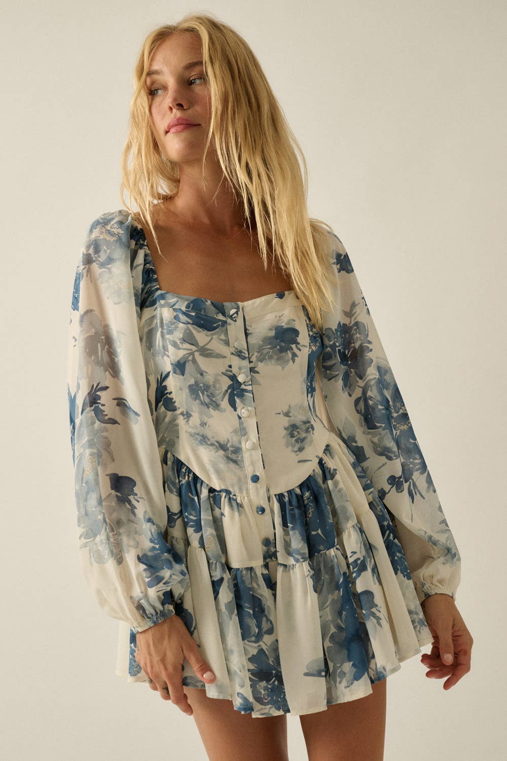 Floral Chiffon Bubble-Sleeve Tiered Ruffle Romper