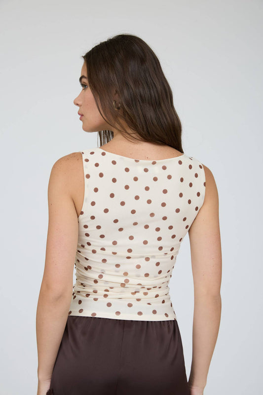 Polka Dot Boat Neck Sleeveless Mesh Knit Top