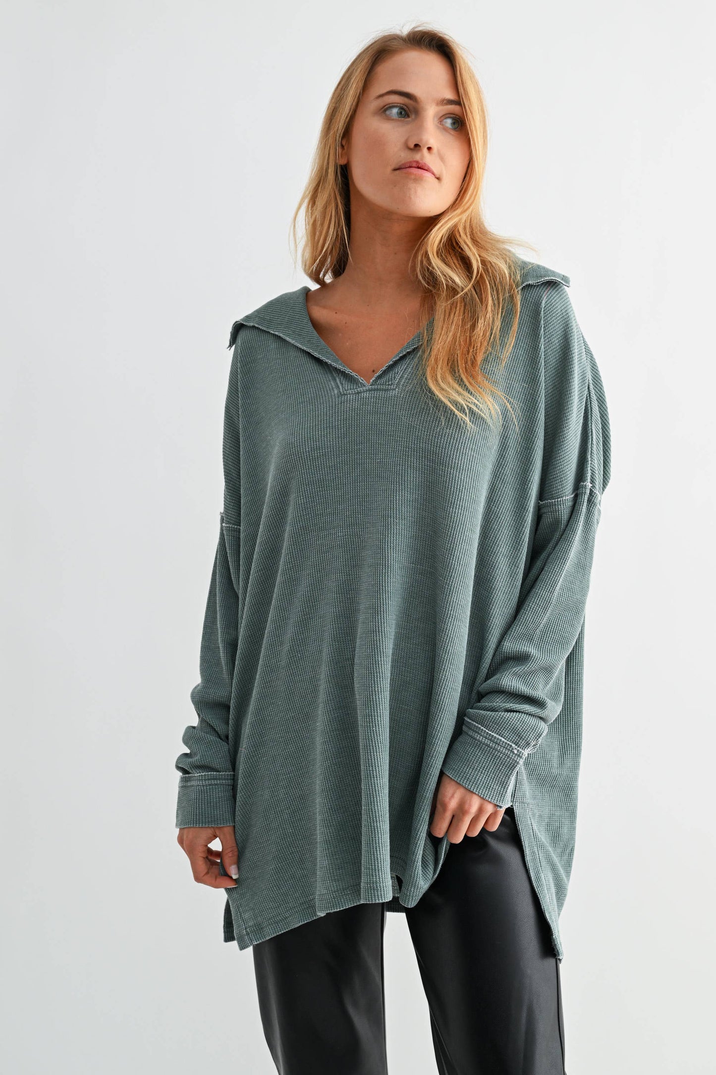 Cotton Blend Waffle Knit Oversized Collared Long Sleeve