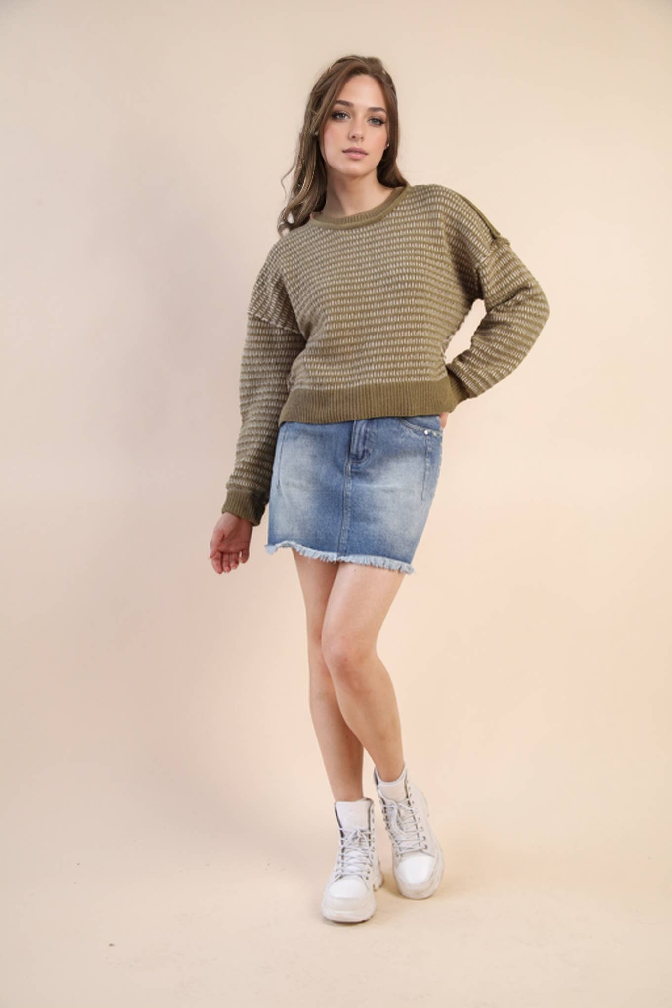 Two Tone Textured Knit Casual Sweater Top