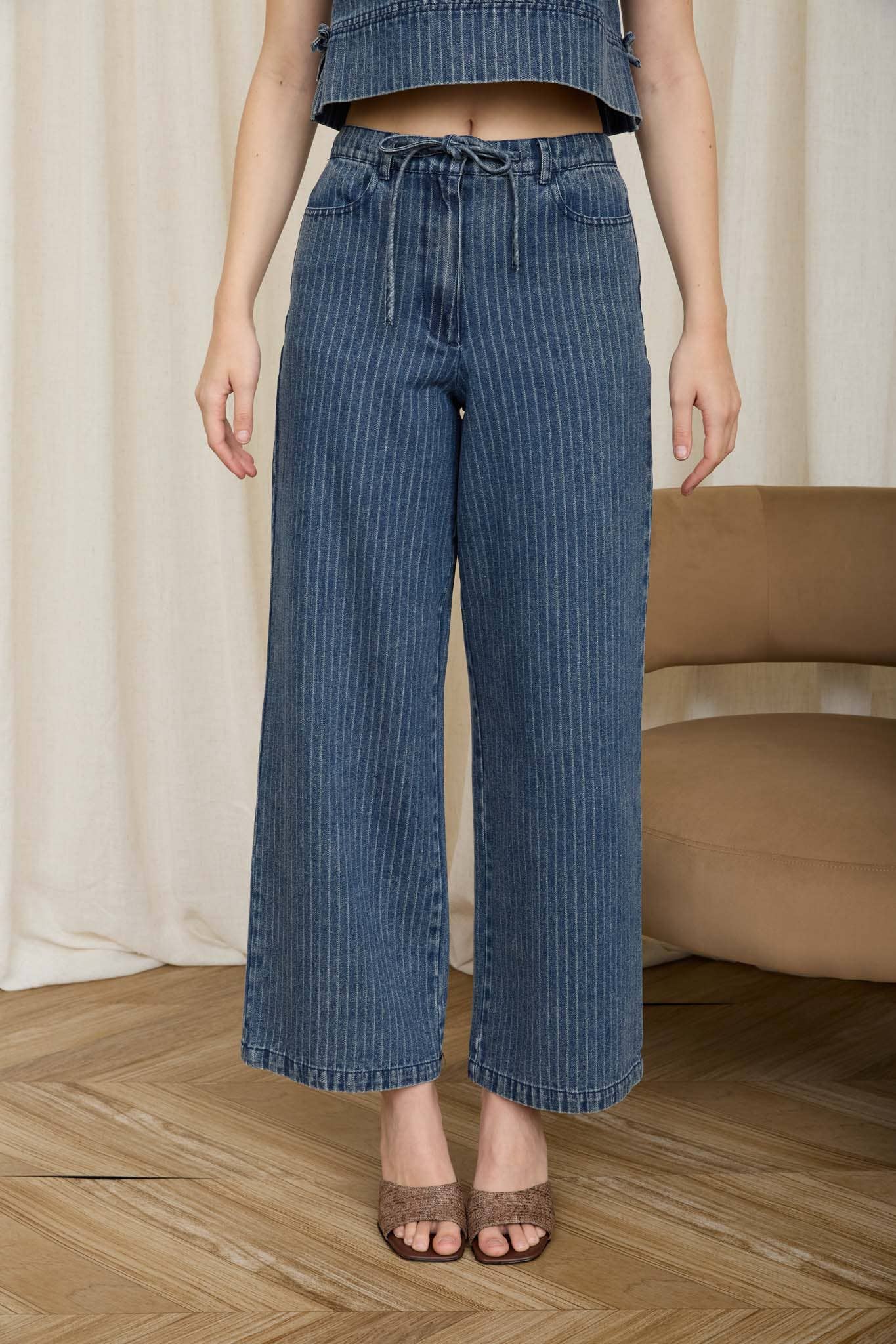 STRIPE WASHED DENIM WAIST TIE STRAP JEANS