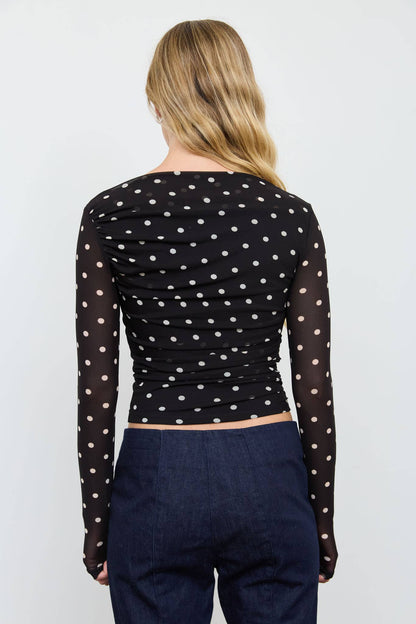 Sheer Mesh Polka Dot Ruched Long Sleeve Knit Top