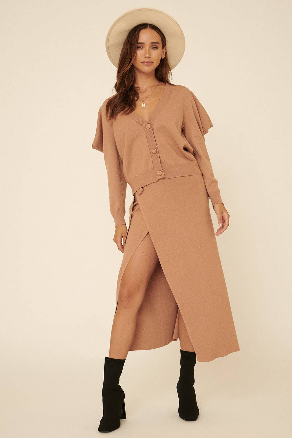 Solid Waist Tie Wrap Midi Skirt