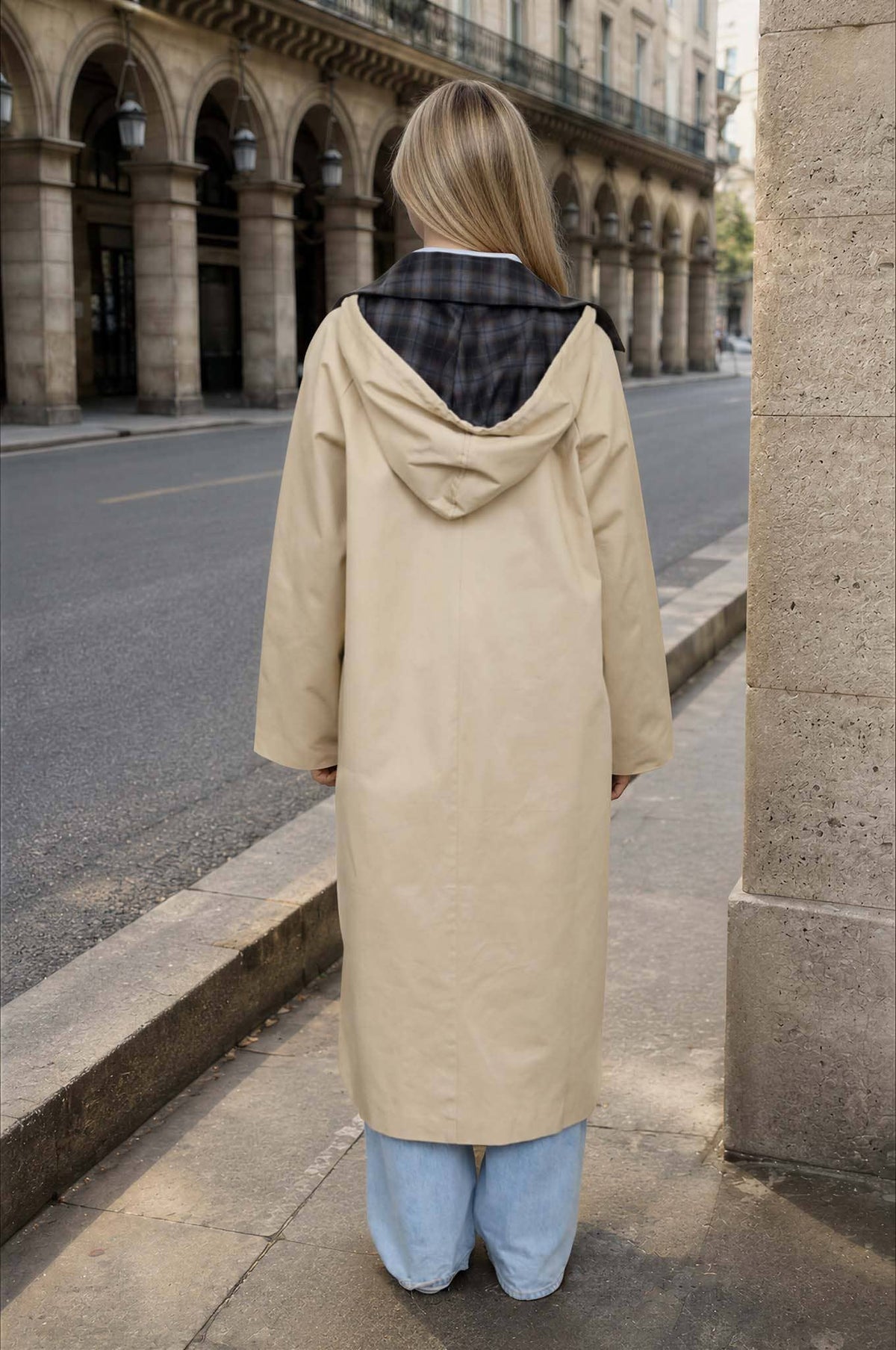 Plaid Collar Hooded Long Coat