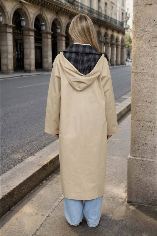 Plaid Collar Hooded Long Coat