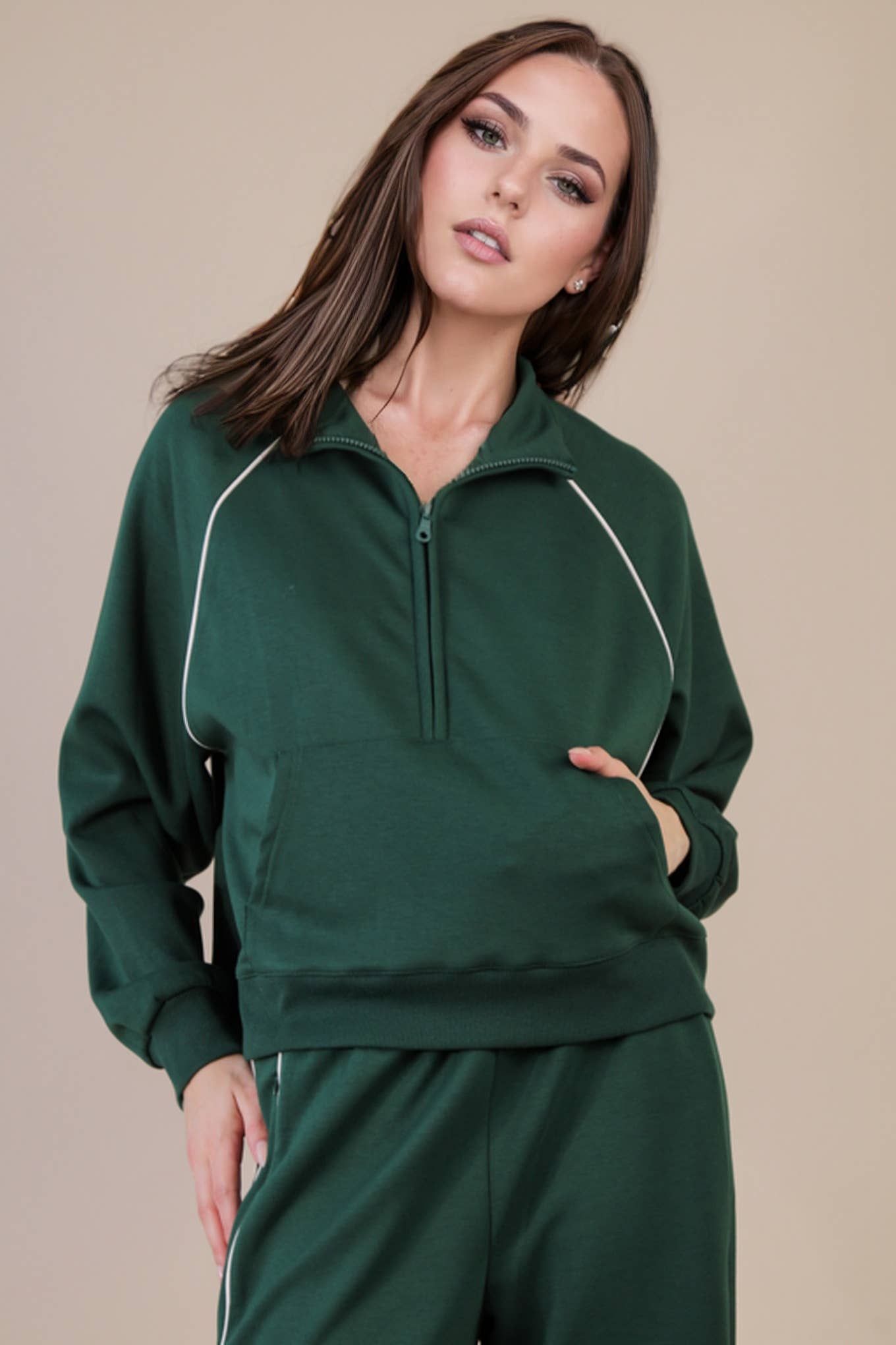 Half Zip Up Piping Detail Knit Casual Top