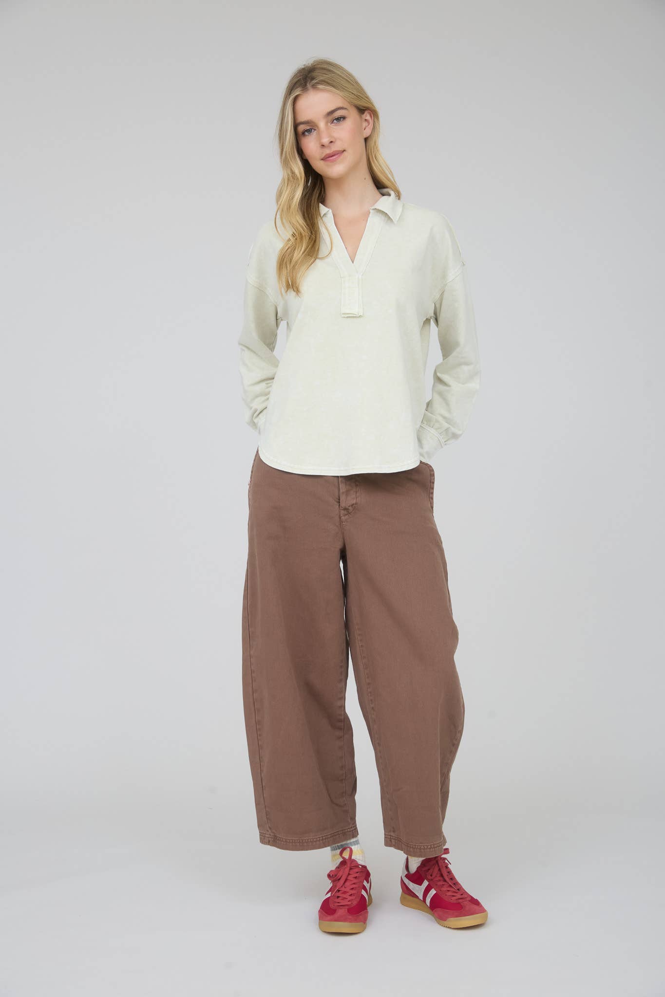 Washed Long Sleeve U Hem Polo Top