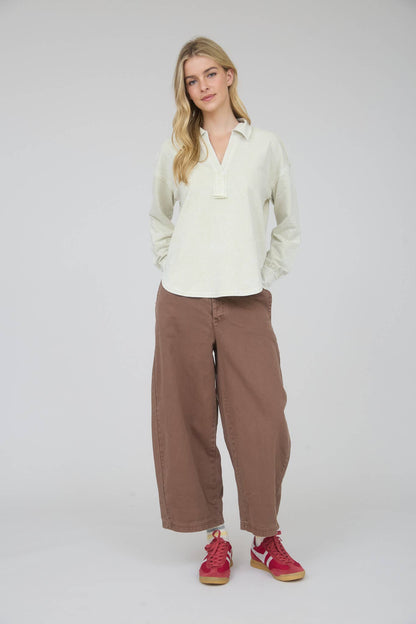 Washed Long Sleeve U Hem Polo Top