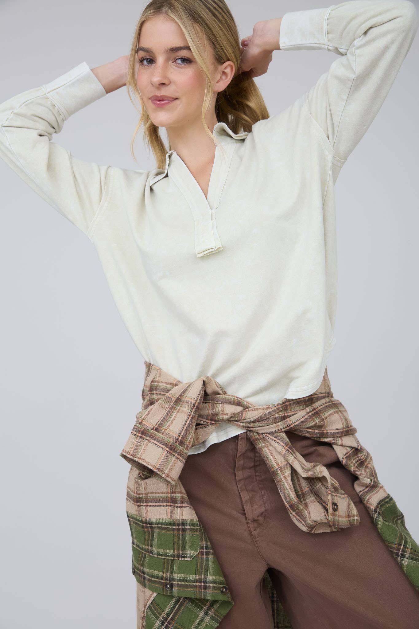 Washed Long Sleeve U Hem Polo Top