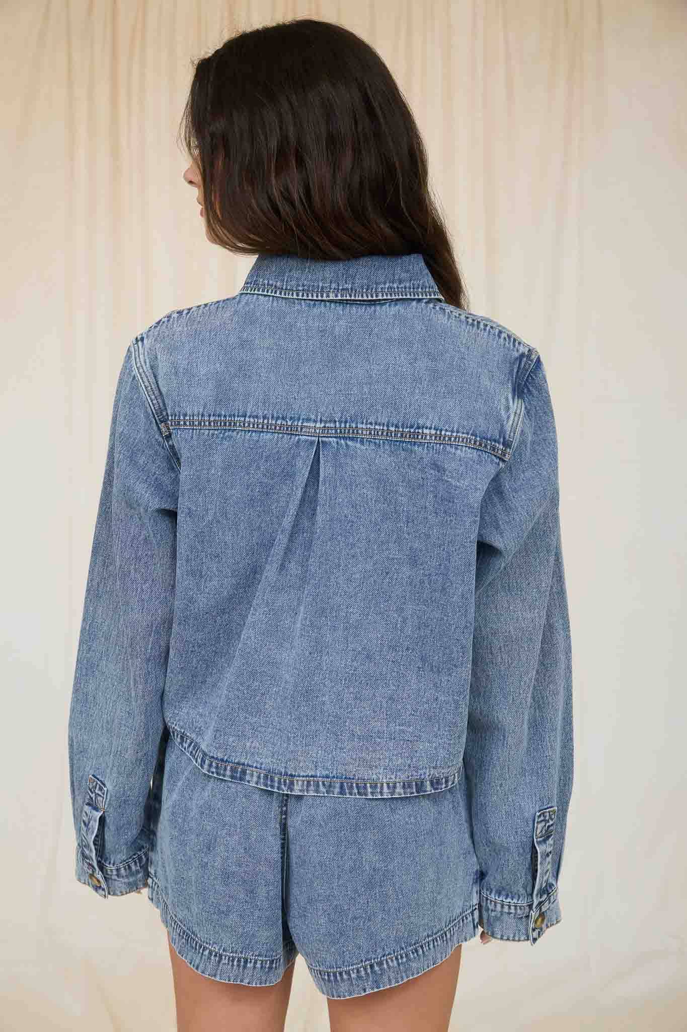 Acid Wash Collared Long Sleeve Boxy Denim Shirt
