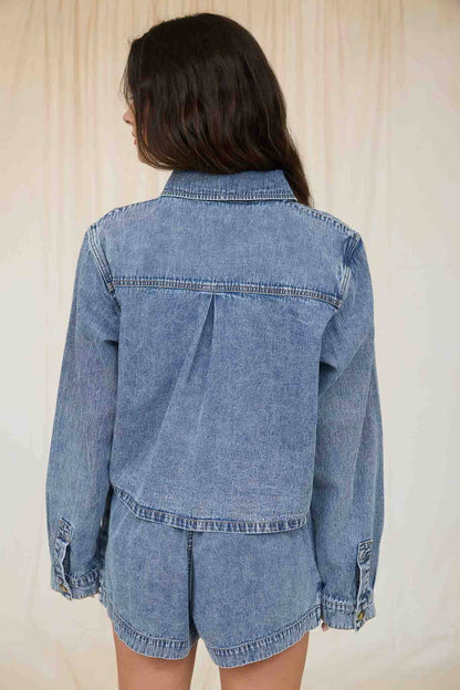Acid Wash Collared Long Sleeve Boxy Denim Shirt