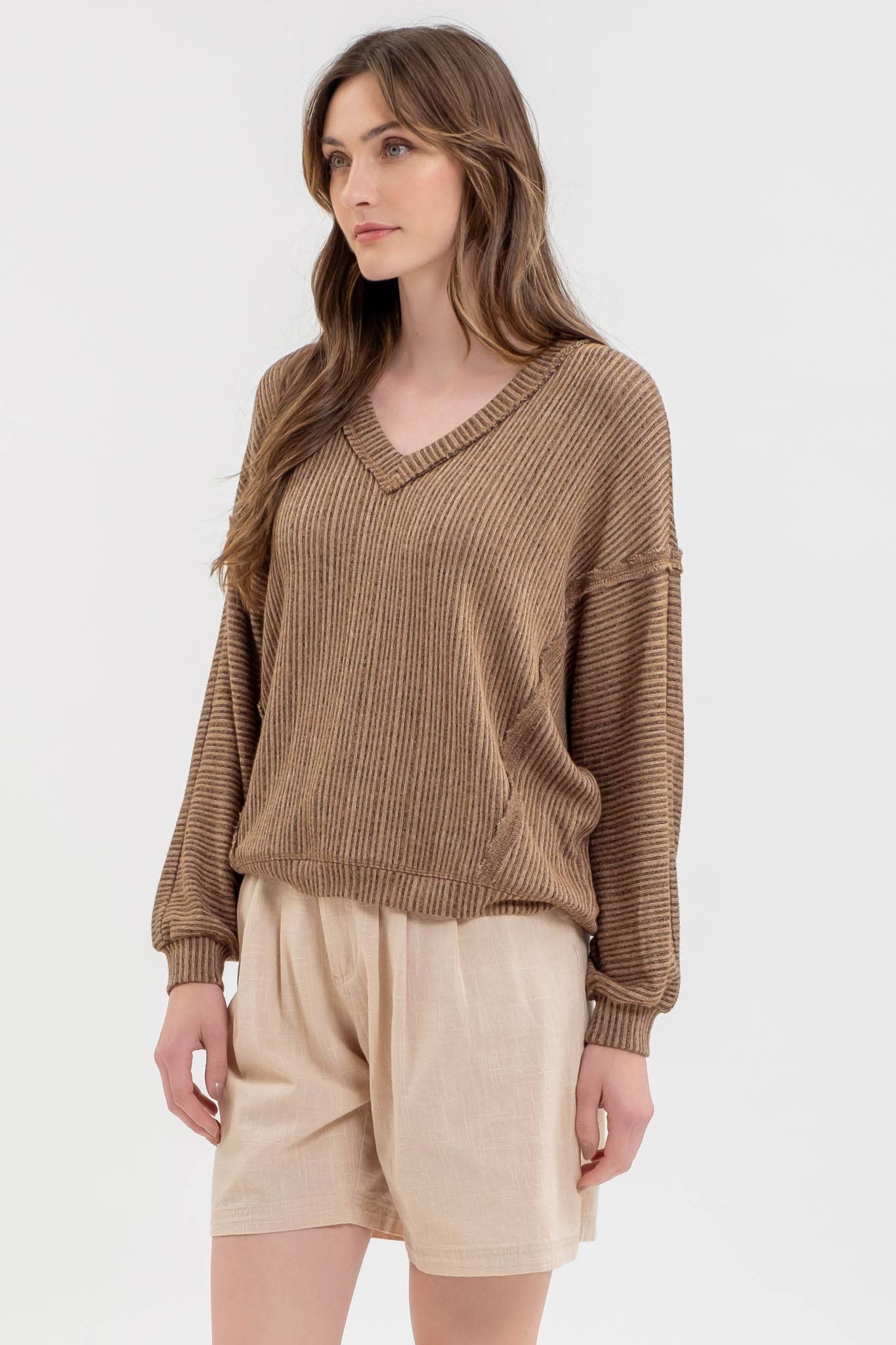 Stripes Drop Shoulder V Neck Knit Top