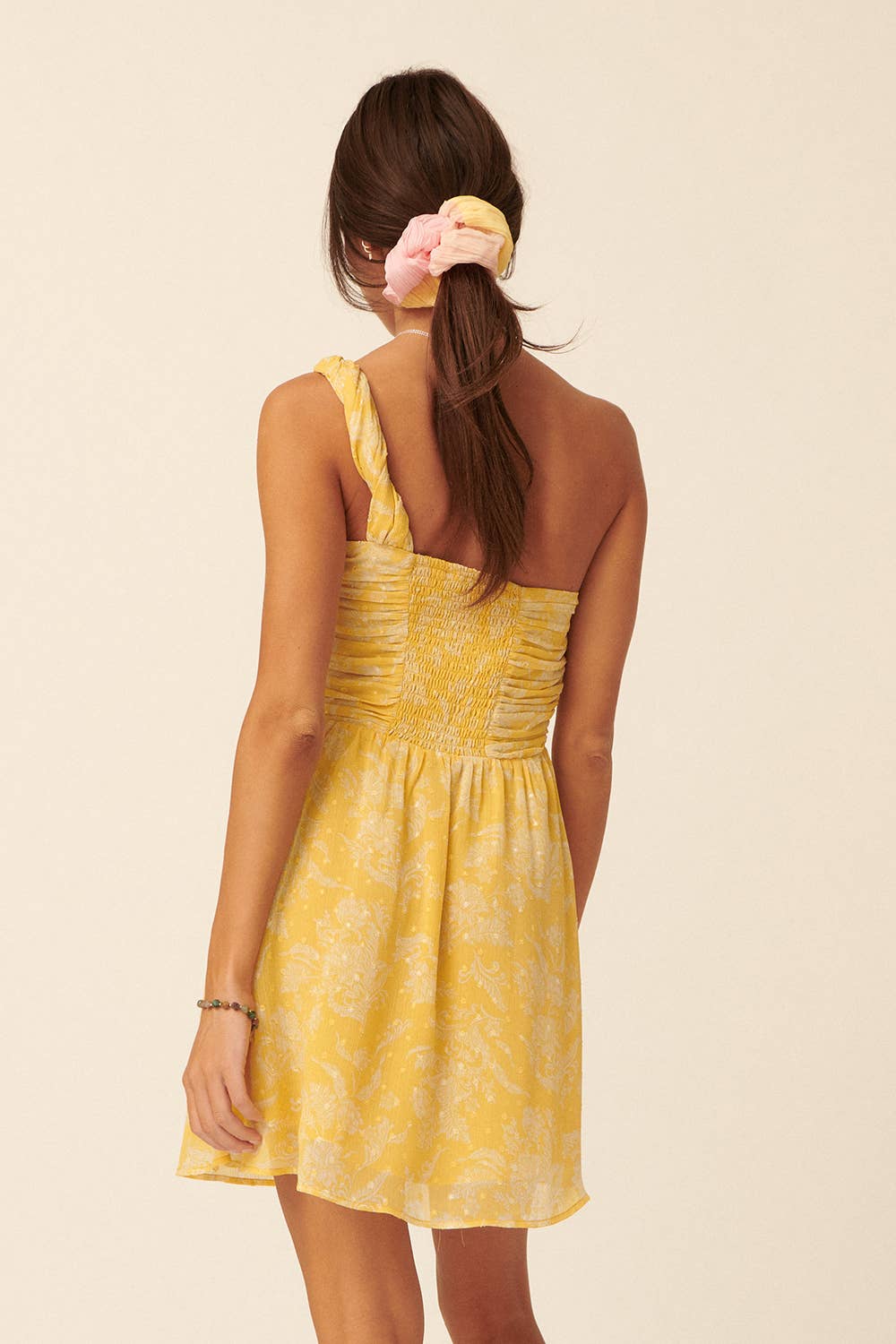 Floral Swiss Dot Chiffon One Shoulder Mini Dress