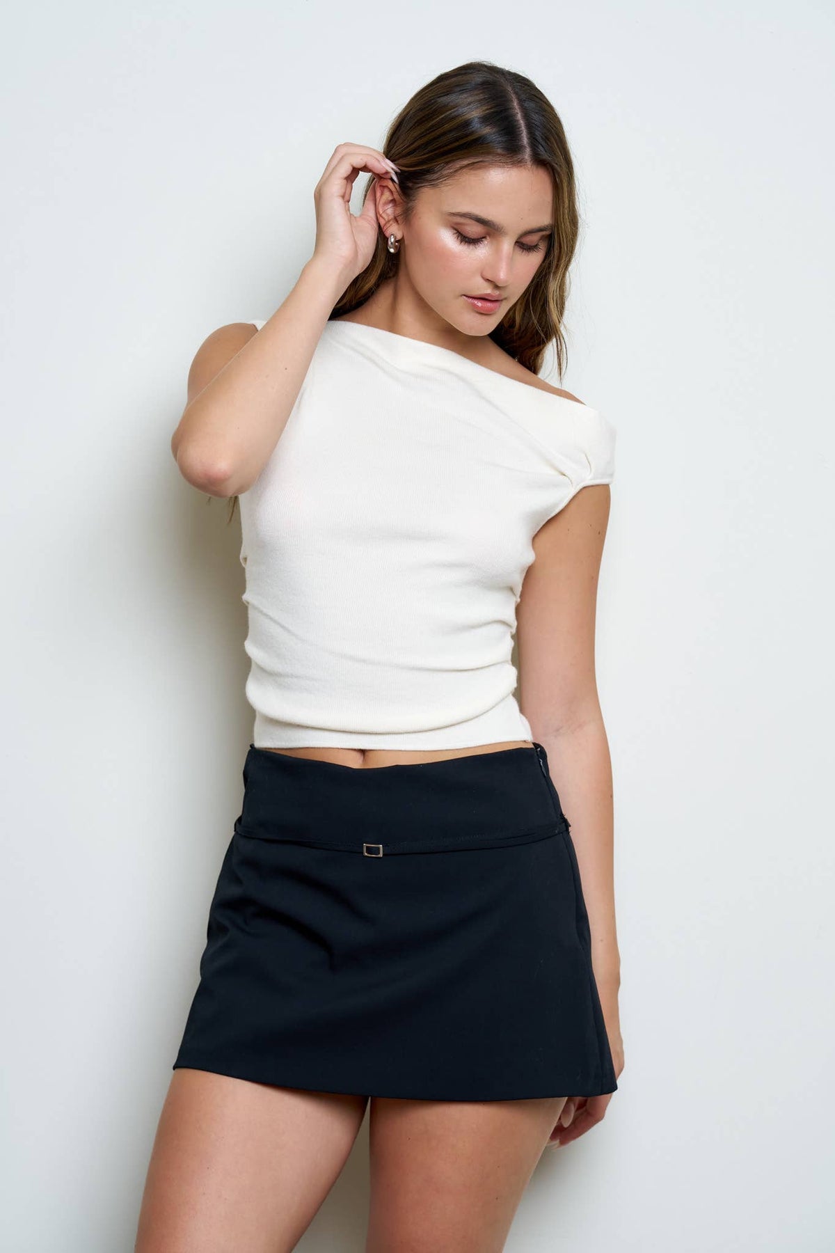 Asymmetric Boat Neck Fitted Knit Sweater Top