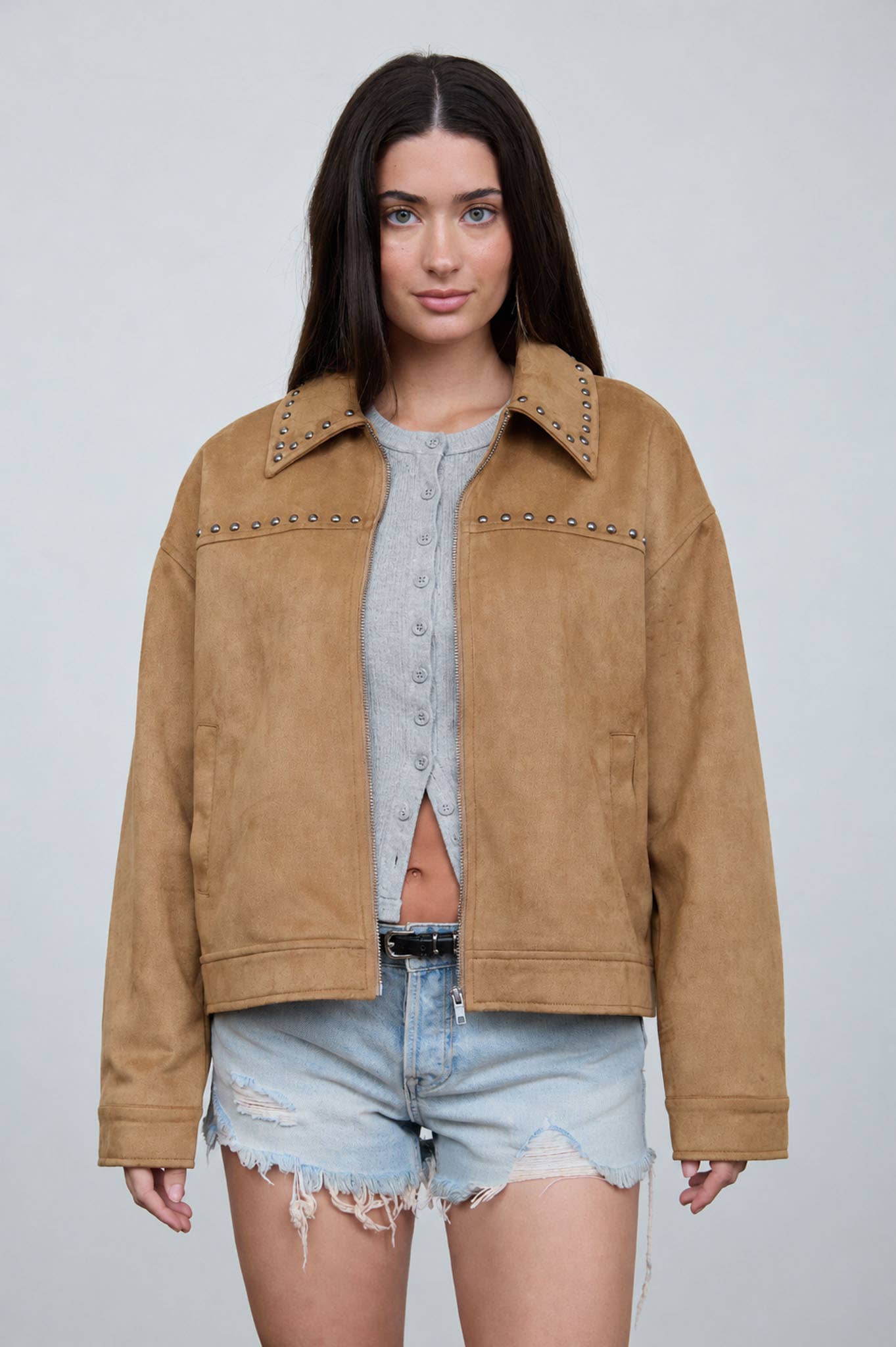 Studded Collared Zip-Up Suede Jacket
