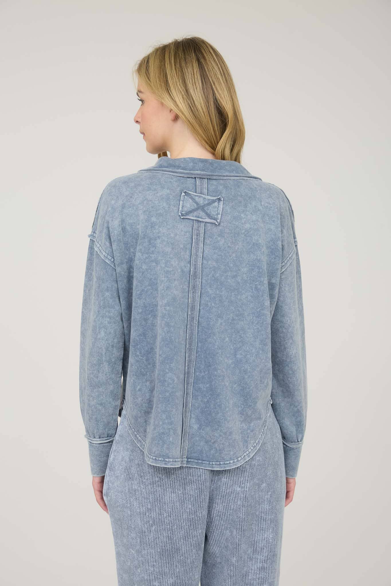 Washed Long Sleeve U Hem Polo Top