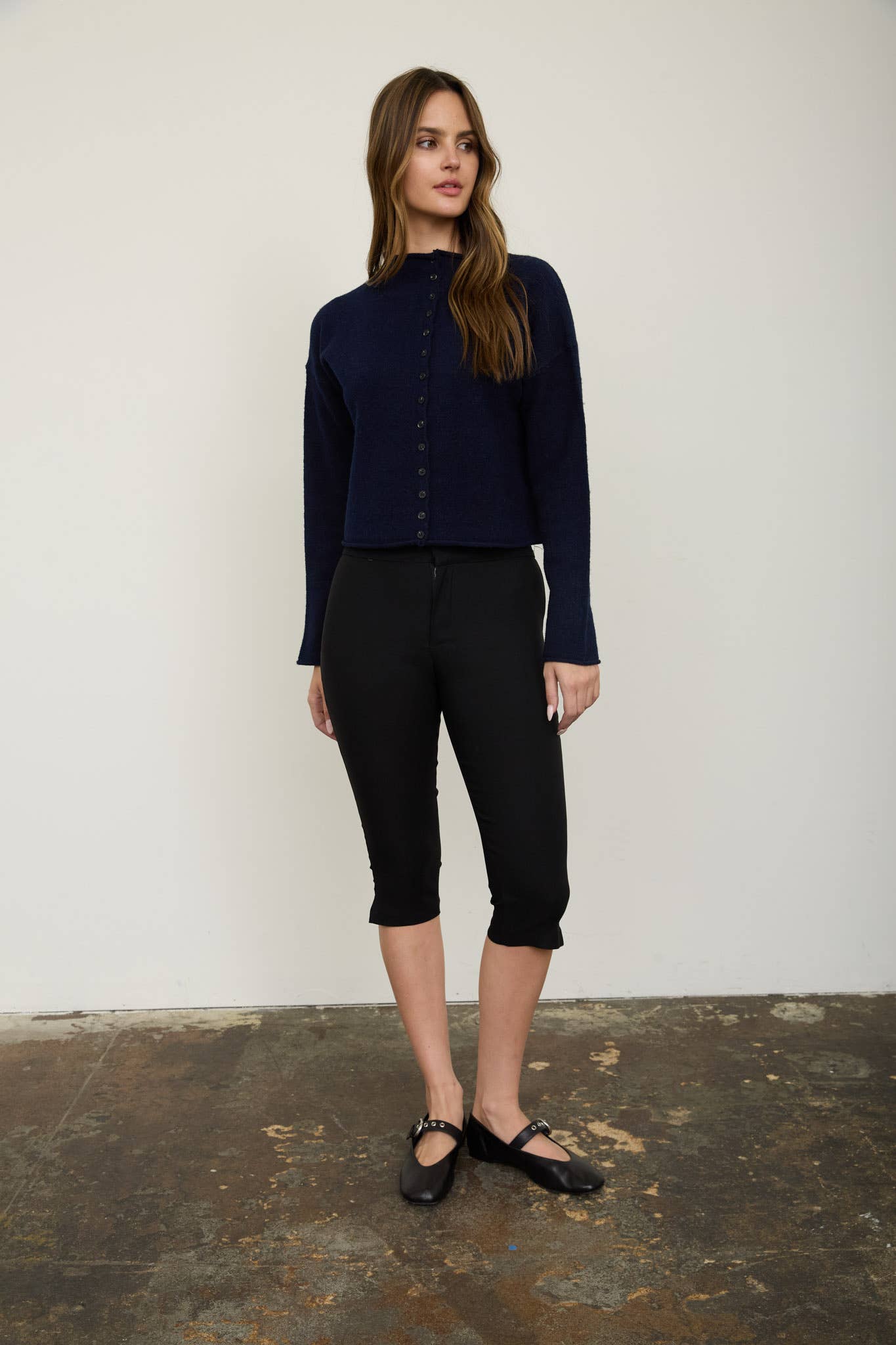Raw Edge Mock Neck Button Down Cardigan